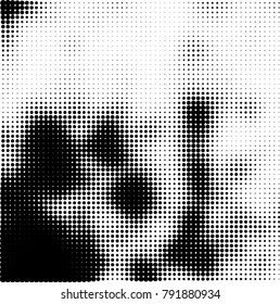 Halftone black and white abstract pattern of dots in black on a white background