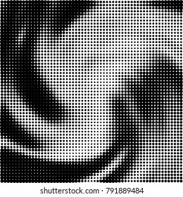Halftone black and white abstract pattern of dots in black on a white background