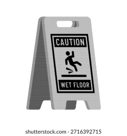 Letrero de piso mojado de precaución en blanco y negro de semitono con icono de persona deslizante. Símbolo de advertencia de seguridad aislado sobre fondo blanco, ideal para limpieza, peligro, diseño de seguridad en el lugar de trabajo.