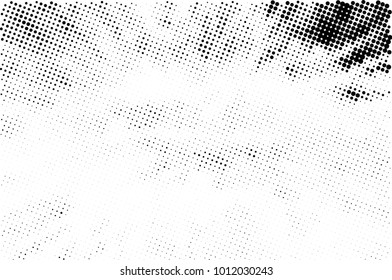 Halftone black and white grunge. Texture of dots scattered on a white background. Abstract pattern in vintage art style print on business cards, badges, labels. Vector monochrome elements