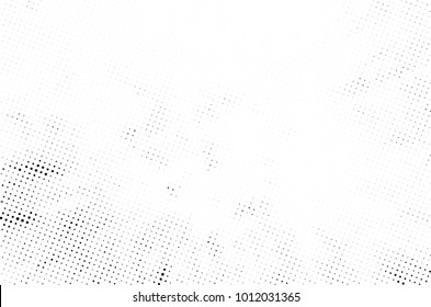 Halftone black and white grunge. Texture of dots scattered on a white background. Abstract pattern in vintage art style print on business cards, badges, labels. Vector monochrome elements