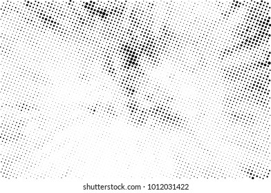 Halftone black and white grunge. Texture of dots scattered on a white background. Abstract pattern in vintage art style print on business cards, badges, labels. Vector monochrome elements
