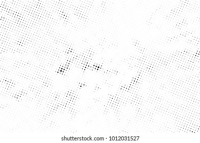 Halftone black and white grunge. Texture of dots scattered on a white background. Abstract pattern in vintage art style print on business cards, badges, labels. Vector monochrome elements
