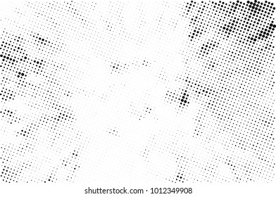 Halftone black and white grunge. Texture of dots scattered on a white background. Abstract pattern in vintage art style print on business cards, badges, labels. Vector monochrome elements