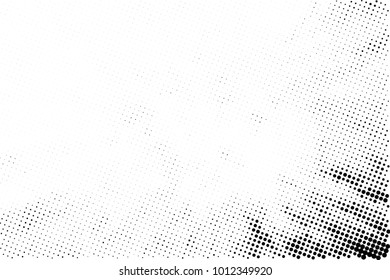 Halftone black and white grunge. Texture of dots scattered on a white background. Abstract pattern in vintage art style print on business cards, badges, labels. Vector monochrome elements