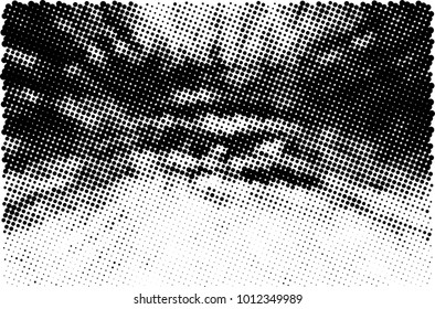 Halftone black and white grunge. Texture of dots scattered on a white background. Abstract pattern in vintage art style print on business cards, badges, labels. Vector monochrome elements