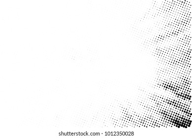 Halftone black and white grunge. Texture of dots scattered on a white background. Abstract pattern in vintage art style print on business cards, badges, labels. Vector monochrome elements