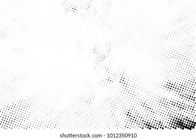 Halftone black and white grunge. Texture of dots scattered on a white background. Abstract pattern in vintage art style print on business cards, badges, labels. Vector monochrome elements