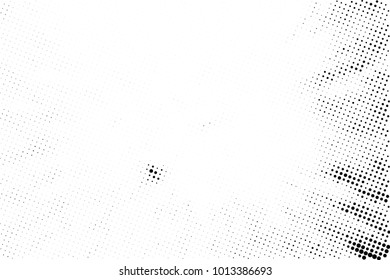 Halftone black and white grunge. Texture of dots scattered on a white background. Abstract pattern in vintage art style print on business cards, badges, labels. Vector monochrome elements