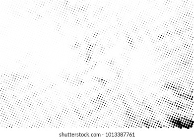 Halftone black and white grunge. Texture of dots scattered on a white background. Abstract pattern in vintage art style print on business cards, badges, labels. Vector monochrome elements
