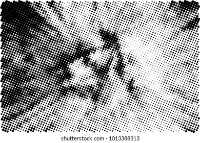 Halftone black and white grunge. Texture of dots scattered on a white background. Abstract pattern in vintage art style print on business cards, badges, labels. Vector monochrome elements