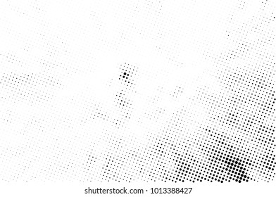 Halftone black and white grunge. Texture of dots scattered on a white background. Abstract pattern in vintage art style print on business cards, badges, labels. Vector monochrome elements