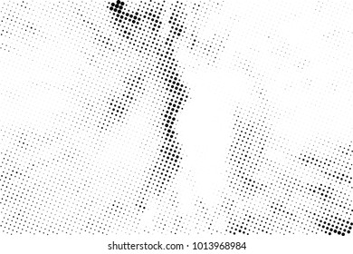 Halftone black and white grunge. Texture of dots scattered on a white background. Abstract pattern in vintage art style print on business cards, badges, labels. Vector monochrome elements