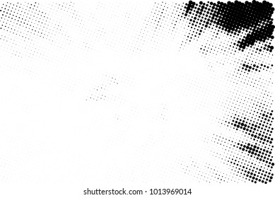 Halftone black and white grunge. Texture of dots scattered on a white background. Abstract pattern in vintage art style print on business cards, badges, labels. Vector monochrome elements