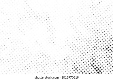 Halftone black and white grunge. Texture of dots scattered on a white background. Abstract pattern in vintage art style print on business cards, badges, labels. Vector monochrome elements