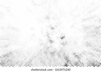 Halftone black and white grunge. Texture of dots scattered on a white background. Abstract pattern in vintage art style print on business cards, badges, labels. Vector monochrome elements