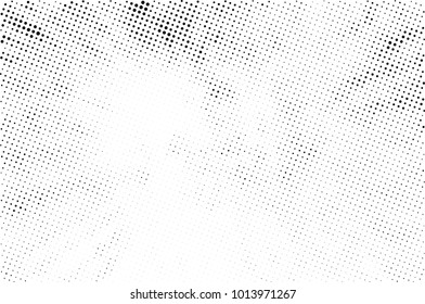 Halftone black and white grunge. Texture of dots scattered on a white background. Abstract pattern in vintage art style print on business cards, badges, labels. Vector monochrome elements