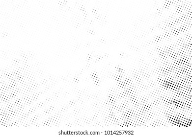 Halftone black and white grunge. Texture of dots scattered on a white background. Abstract pattern in vintage art style print on business cards, badges, labels. Vector monochrome elements