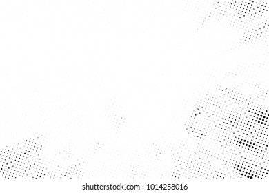 Halftone black and white grunge. Texture of dots scattered on a white background. Abstract pattern in vintage art style print on business cards, badges, labels. Vector monochrome elements