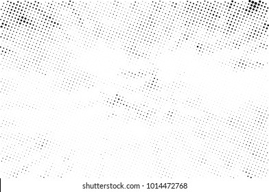 Halftone black and white grunge. Texture of dots scattered on a white background. Abstract pattern in vintage art style print on business cards, badges, labels. Vector monochrome elements