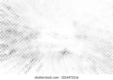 Halftone black and white grunge. Texture of dots scattered on a white background. Abstract pattern in vintage art style print on business cards, badges, labels. Vector monochrome elements