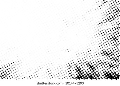 Halftone black and white grunge. Texture of dots scattered on a white background. Abstract pattern in vintage art style print on business cards, badges, labels. Vector monochrome elements