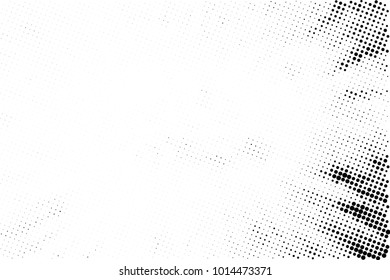 Halftone black and white grunge. Texture of dots scattered on a white background. Abstract pattern in vintage art style print on business cards, badges, labels. Vector monochrome elements