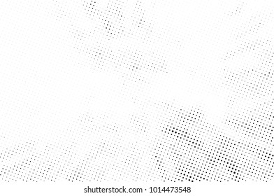 Halftone black and white grunge. Texture of dots scattered on a white background. Abstract pattern in vintage art style print on business cards, badges, labels. Vector monochrome elements