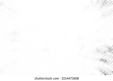 Halftone black and white grunge. Texture of dots scattered on a white background. Abstract pattern in vintage art style print on business cards, badges, labels. Vector monochrome elements