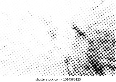 Halftone black and white grunge. Texture of dots scattered on a white background. Abstract pattern in vintage art style print on business cards, badges, labels. Vector monochrome elements