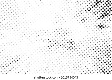 Halftone black and white grunge. Texture of dots scattered on a white background. Abstract pattern in vintage art style print on business cards, badges, labels. Vector monochrome elements