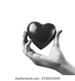 Ilustração em preto e branco de meio-tom da mão humana segurando o símbolo do coração. Conceito de amor, cuidado, apoio, caridade, empatia, saúde mental e conexão emocional no fundo branco.