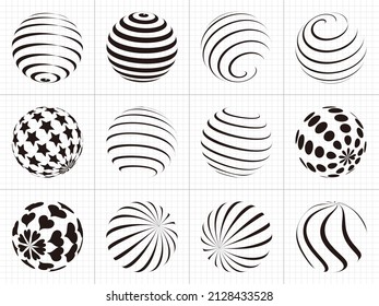 Halftone black and white sphere set isolated on white background.