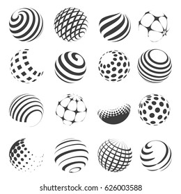 Halftone black and white sphere set isolated on white background. Vector abstract spheres with dots and stripes for logo and web designs