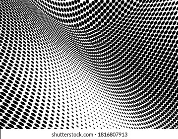 Halftone black and white waves. A chaotic pattern of dots on a white background. Abstract multiple ink drops