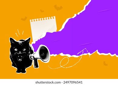 Halftone blank banner, retro Halloween pop collage black cat and megaphone. 