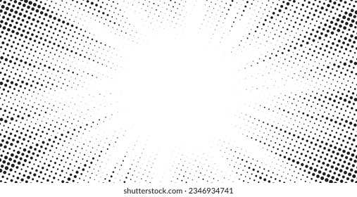 Halftone blast. Abstract halftone sunburst background. Pop art comic book strip cover design. Explosion, isolated retro style comics radial background.