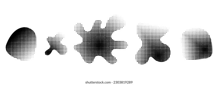 Halftone blob shape with sand grunge texture. Abstract black and white noisy gradient vector background. Half tone splash, spray effect, monochrome collage element. y2k pixel illustration. Dotwork art