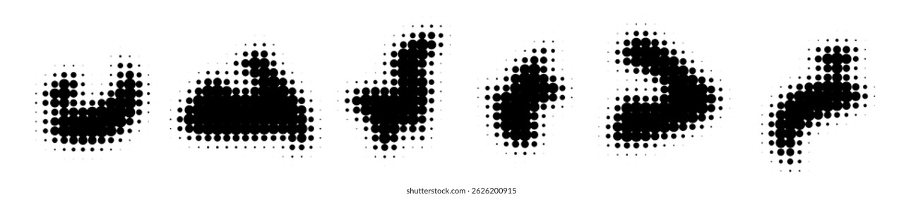 Halftone blob shapes set - dotted black geometric forms, halftone effect paint stains, round particles compositions pack. Grunge design elements collection for backgrounds, patterns and textures.