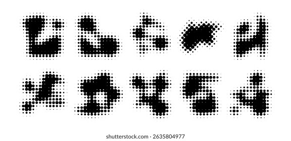 Halftone blob shapes set - dotted black geometric forms, halftone effect paint stains, round particles compositions pack. Grunge design elements collection for backgrounds, patterns and textures.
