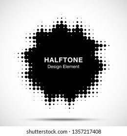 Halftone blot frame. Abstract dots logo emblem design element. Half tone stain icon. Grunge border using halftone circle dots raster texture. Vector illustration. 