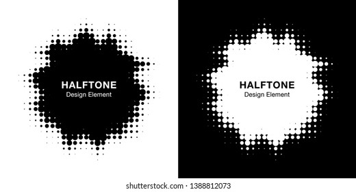 Halftone blot frame set. Abstract dots logo emblem design element. Half tone stain icon. Grunge border using halftone circle dots raster texture. Vector collection 