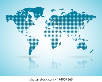 Halftone blue Earth map with reflection, vector illustration, EPS10
