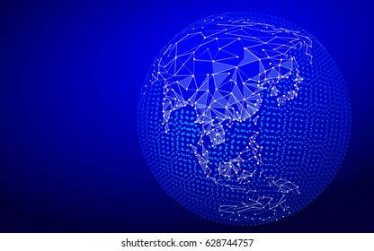Halftone blue Globe Earth point line illustration. Asia India China Oceania connection dots low poly map. Polygonal triangle planet monochrome vector art.