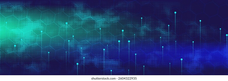 halftone blue green digital technology background with technology light effect, abstract technology, innovation future data, internet network, Ai big data, line dot connection,
