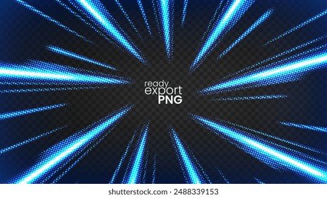 Halftone Blue Rays Zoom in Motion Effect, Swirl Light Color Trails, PNG Ready, Vector Illustration