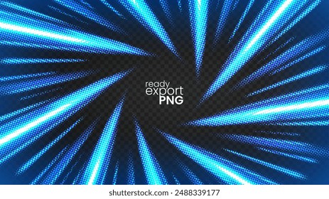 Halftone Blue Rays Zoom in Motion Effect, Swirl Light Color Trails, PNG Ready, Vector Illustration