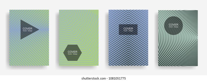 Halftone blue vector cover template with lines, triangle circle hexagon title places. Vector journal design geometric shape background set. Tech halftone lines hipster banners abstract collection.