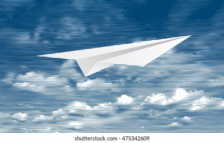 nubes de color azul y blanco, plano de papel, ilustración vectorial, raster lineal, grabado simbólico