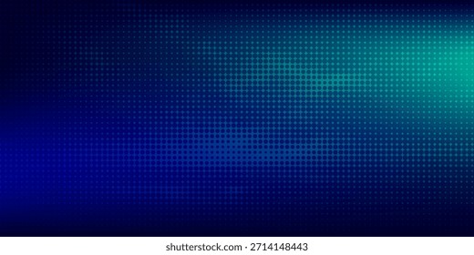 halftone with blue-green gradation, abstract background pattern, neon light reflecting walls and floors, dark colors, and feel the speed of digital technology connected with blue-green background. 